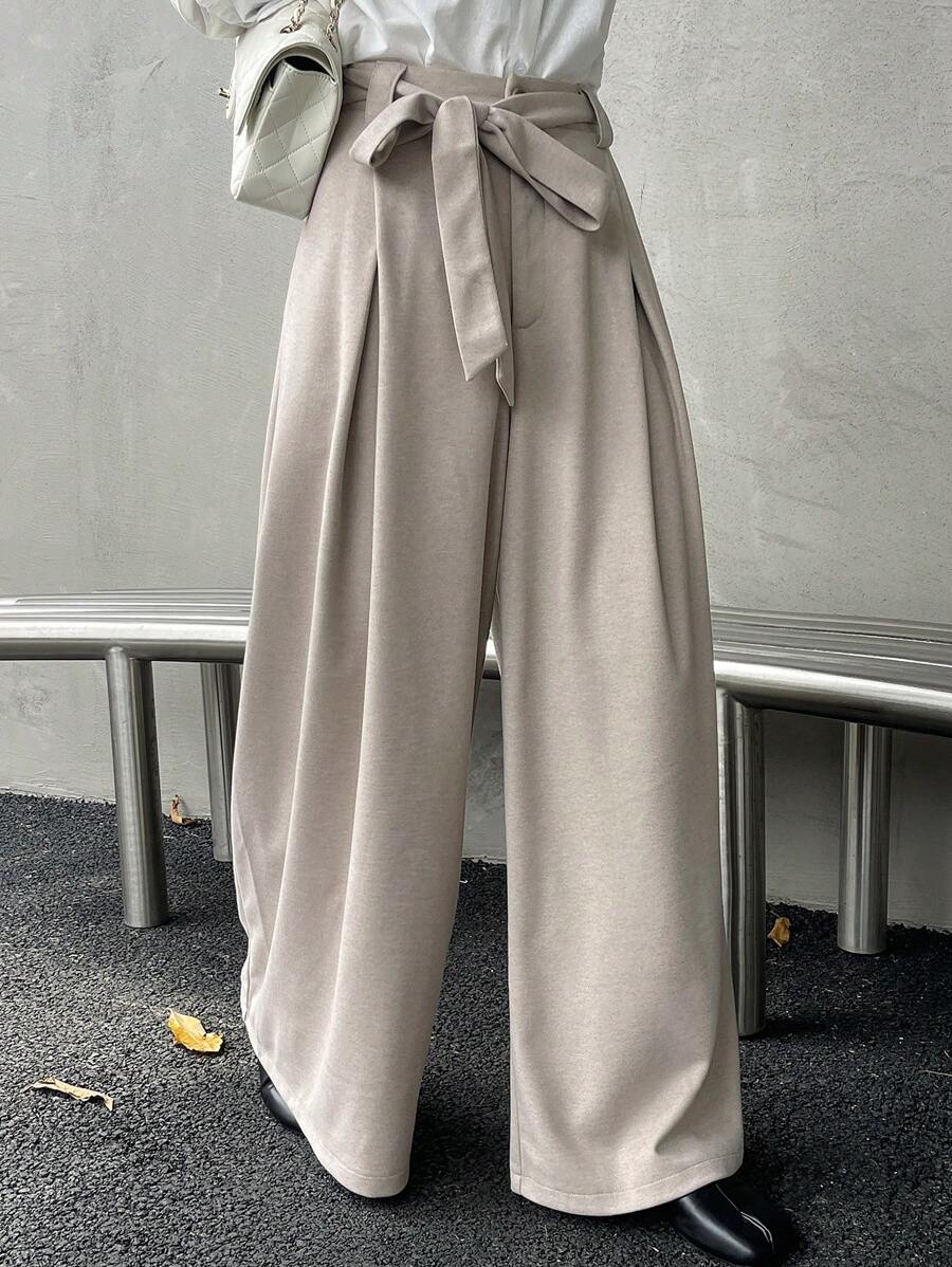 DAZY Solid Color Loose Wide Leg Pants With Pockets And Belt For Women Business Attire - Apricot - View 1