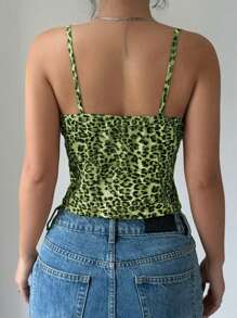 SHEIN LUNE Women's Lace Trim Tie-Up Leopard & Floral Print Frill Hem Tank Top - Green - View 2