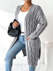 SHEIN Essnce Women's Women Cardigans Solid Color Casual Long Sleeve Knit Cardigan With Pockets - Grey - View 3