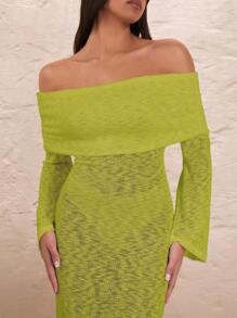 SHEIN BAE 女士优雅白色透视露肩长袖连衣裙，浪漫度假婚纱 - 橄欖綠 - 查看 7