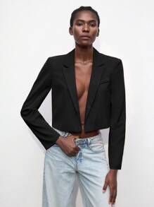 Maija Blazer de mujer de manga larga de estilo urbano simple y delgado, con hombreras anchas, de corte casual y sin abrochar, de estilo romántico urbano de moda, versátil, cómodo, elegante, de uso diario, de unicolor, para ocio y vacaciones, adecuado para salidas elegantes, negocios casuales, graduación, uso diario, estilo de Estocolmo para otoño e invierno, apto para maestras en otoño/invierno - Negro - Ver 1