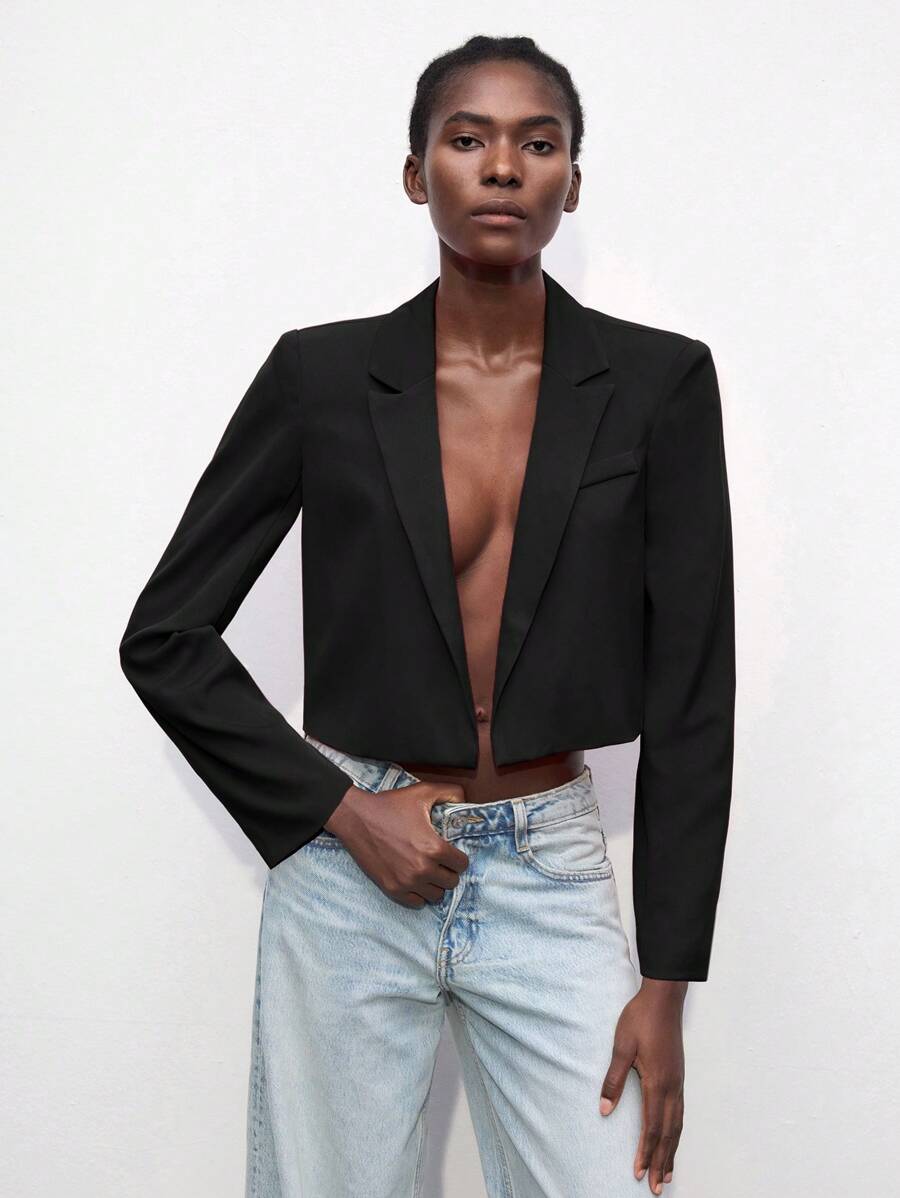 Maija Blazer de mujer de manga larga de estilo urbano simple y delgado, con hombreras anchas, de corte casual y sin abrochar, de estilo romántico urbano de moda, versátil, cómodo, elegante, de uso diario, de unicolor, para ocio y vacaciones, adecuado para salidas elegantes, negocios casuales, graduación, uso diario, estilo de Estocolmo para otoño e invierno, apto para maestras en otoño/invierno - Negro - Ver 1
