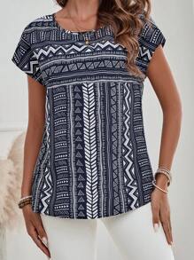 EMERY ROSE Blusa de mujer de cuello redondo con estampado total de manga corta, para verano - Azul Marino - Ver 6