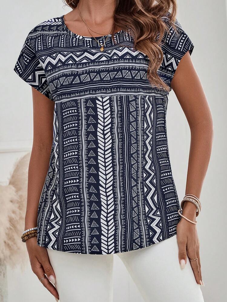 Women's Round Neck All-Over Print Short Sleeve Blouse, Summer
