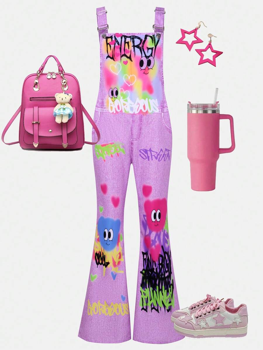 SHEIN 青少年女孩时尚可爱涂鸦印花连体裤 - 彩色 - 查看 1