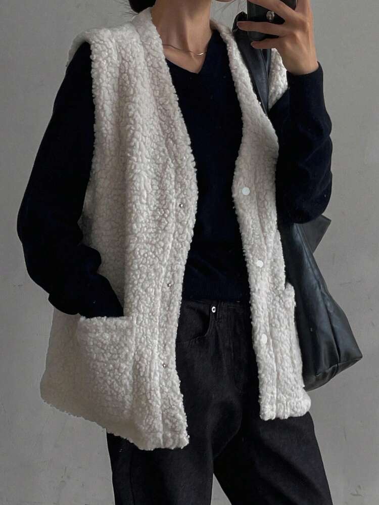 Women's V-Neck Loose Fit Faux Shearling Vest Women Jacket,Fall Women Clothes
