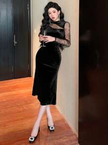 DAZY Women's Velvet Patchwork Dress, Birthday ,New Year Eve Prom Dress,Fall Dress Long Sleeve Dress