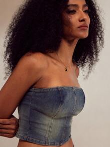 Forever 21 Women's Strapless Faded Denim Crop Top - Blue - View 6