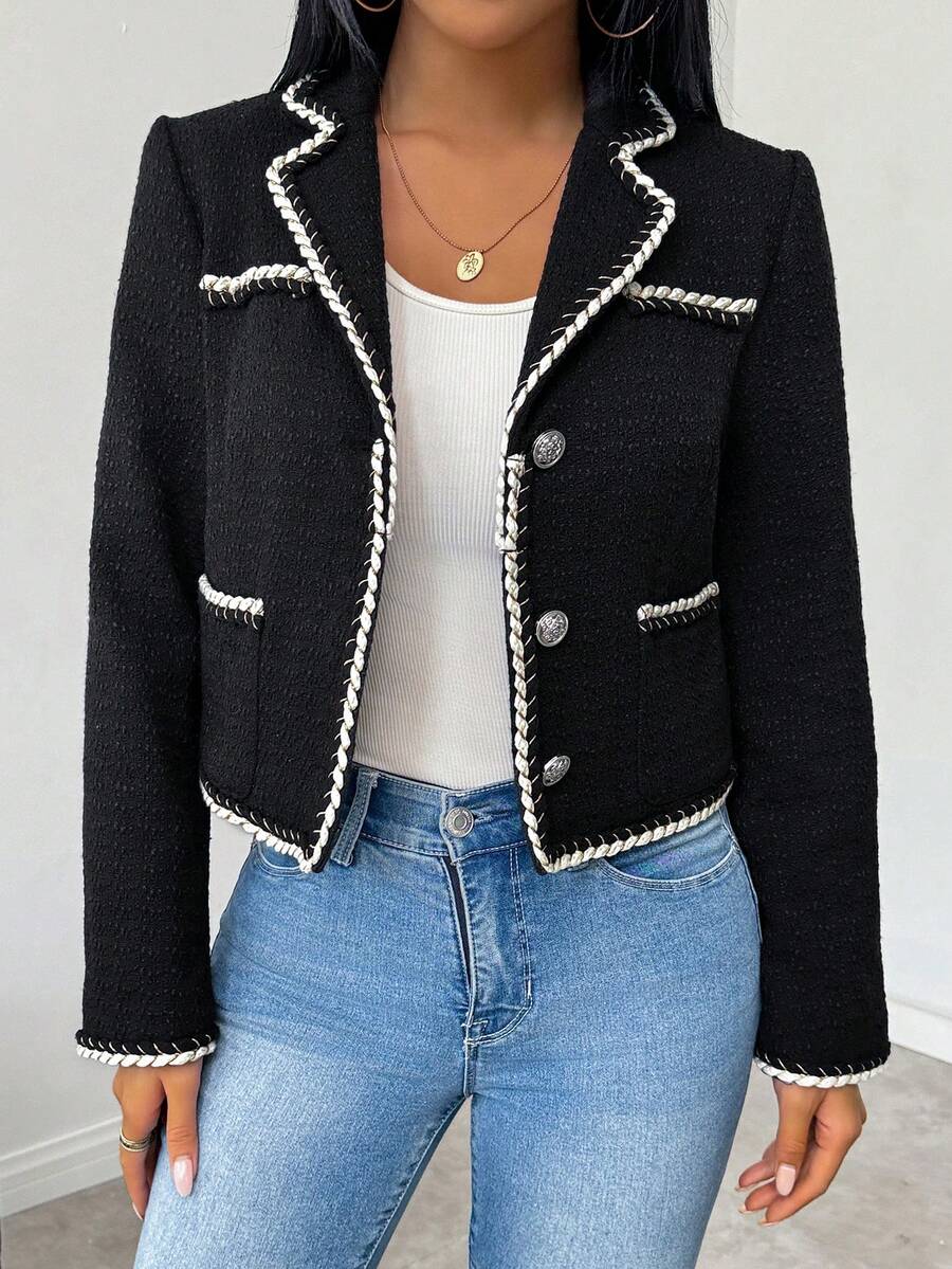 SHEIN Privé Women's Contrast Color Tweed Jacket SHEIN EUR