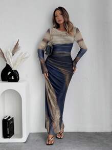Chiquease Women Ombre Print Crew Neck Long Sleeve Dress Maxi Women Outfit