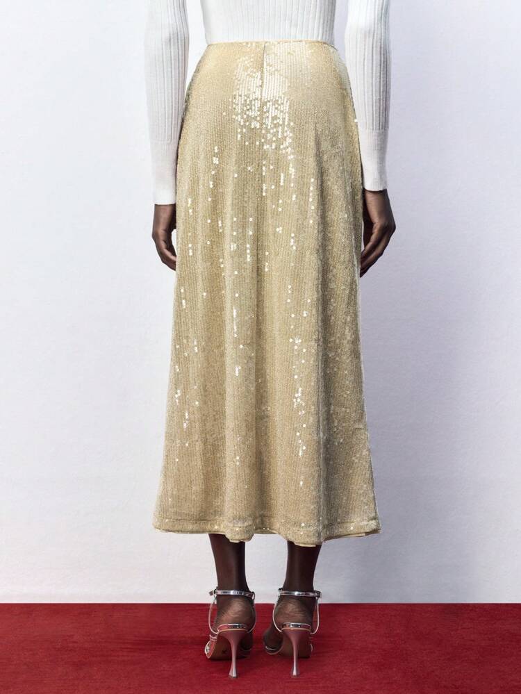 SHEIN Maija Damen eleganter Metallicfarbener einfarbiger Paillettenrock mit Reißverschluss, Herbst