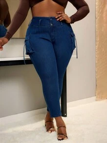 SHEIN SXY Jeans pitillo de unicolor con bolsillos, dobladillo deshilachado y desgastado, talla grande