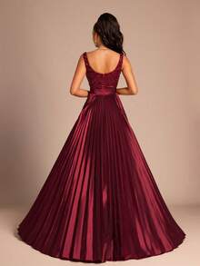 优雅的勃艮第褶皱长礼服，正式高开叉晚礼服，长裙，女士正式礼服，派对礼服，婚礼宾客礼服 - 酒紅色 - 查看 2