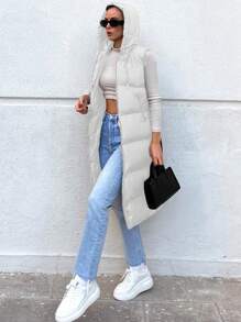 EURMUSE Zip Up Hooded Puffer Vest Coat - White - View 4