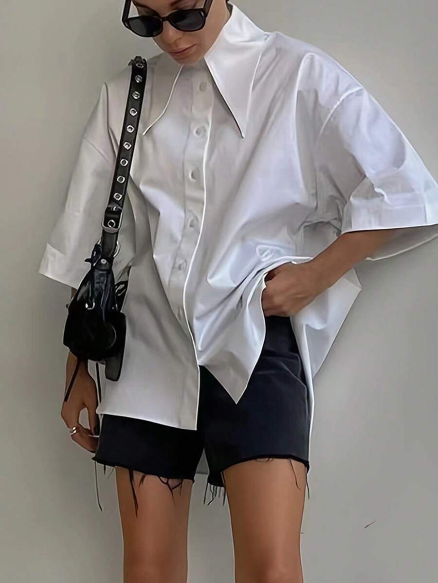 Women's Fashion Spring Summer Autumn Solid Button Up Shirt - White - View 1