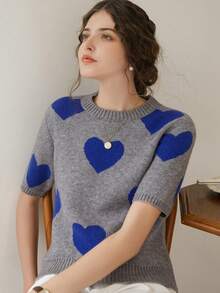 Knit Mix 法式针织通勤女式上衣，心形图案圆领短袖宽松休闲夏季毛衣，情人节礼物，返校季秋季女装 - 灰色 - 查看 6