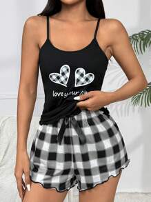 Gingham Heart Print Cami Top And Shorts Set - Multicolor - View 1