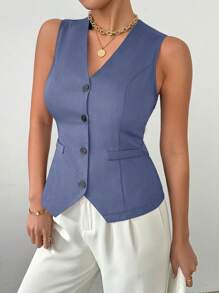 Chiquease Áo khoác vest ngắn màu trơn dành cho nữ - Màu xanh lam - Xem 5