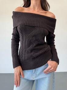 Aloruh 全新美式复古风格高领扭纹针织露肩修身保暖毛衣 - 杏色 - 查看 5