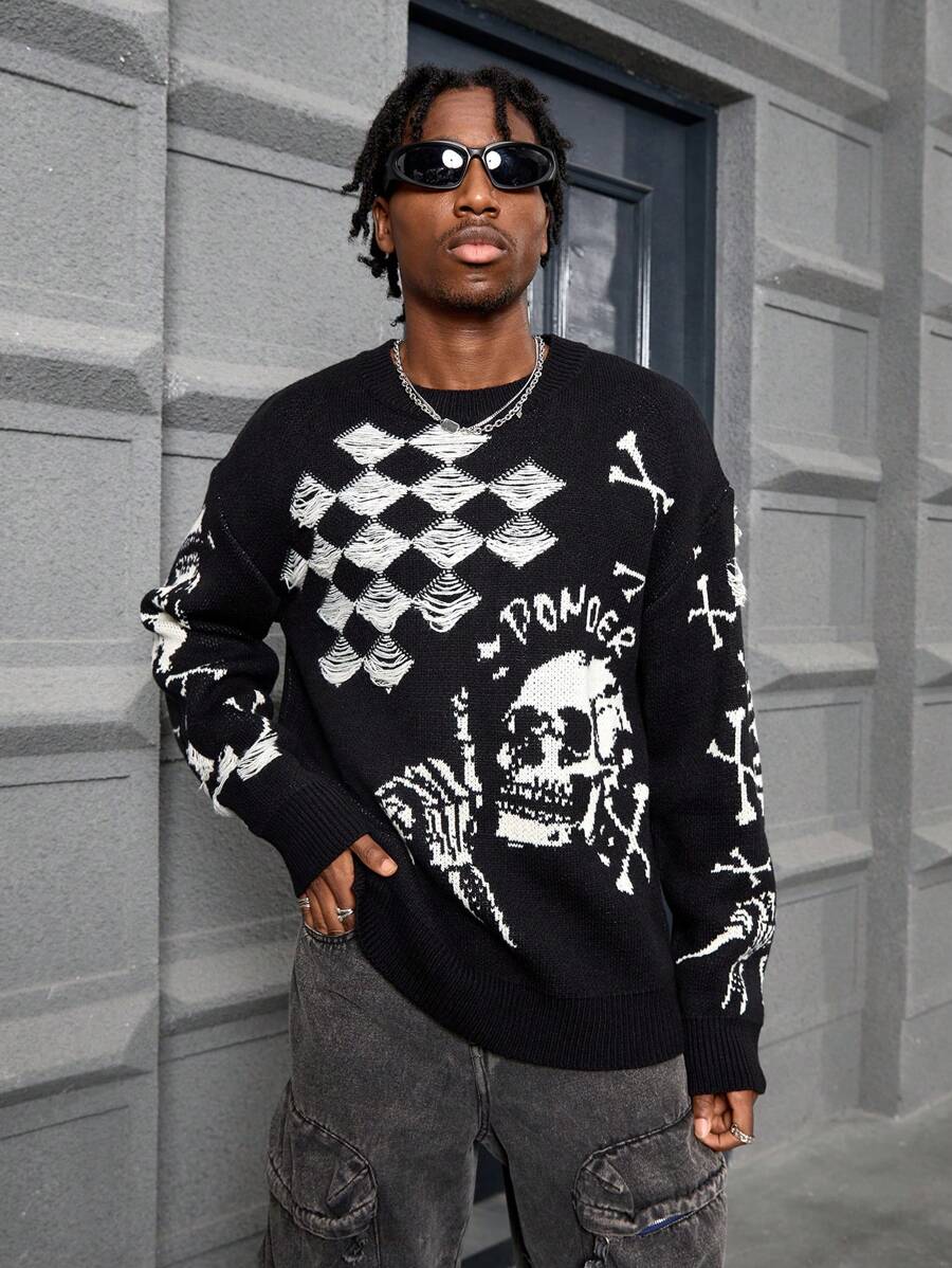 Manfinity EMRG Men Skeleton Pattern Casual Sweater For Halloween - Black - View 1
