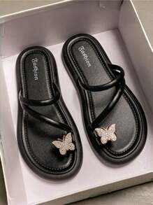 女式黑色凉鞋，带水钻蝴蝶设计，简约时尚，百搭休闲度假圆头平底凉鞋，柔软轻便，防滑，舒适，适合时尚青少年和年轻女性，户外，海滩，夏季 - 黑色 - 查看 3