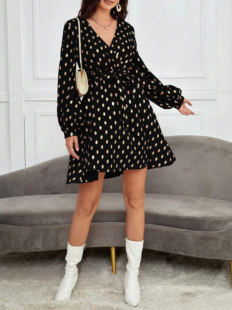 SHEIN LUNE Women's Foil Print Deep VNeck Long Sleeve Mini Dress for