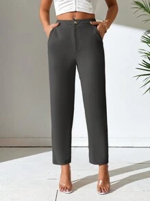 SHEIN PETITE Quần ống côn màu trơn giản dị - Màu xám đen - Xem 5