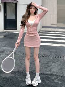 DAZY 女士休闲纯色拉链连帽衫和A字裙两件套，春秋季女士家居服套装 - 粉色 - 查看 2