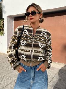 SHEIN Essnce 2024 Autumn Women's Pattern Plush Jacket, Velvet Warm Women's Jacket, Brown Short Jacket, Women's Bomber Jacket, Autumn Women's Jacket - Multicolor - View 1