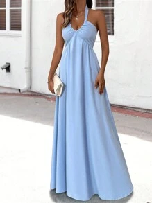 SHEIN LUNE Women's Sleeveless Backless Solid Color Dress - Blue - View 1