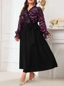 Modelyn 大码蕾丝拼布长袖系腰连衣裙，休闲度假 - 彩色 - 查看 4