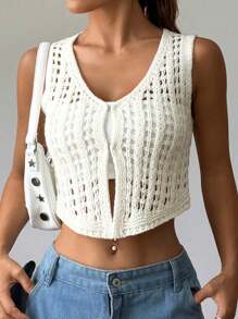 Lyxana Women's Solid Color Hollow-Out Casual Cardigan Sweater Top - White - View 5