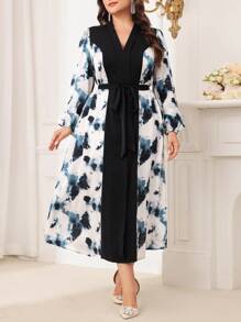 Modelyn 大码女式印花和纯色拼布长袖连衣裙长款晚礼服 - 彩色 - 查看 4