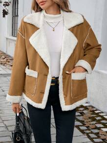 Chiquease 卡其色拼布羊羔绒夹克 - 卡其色 - 查看 4