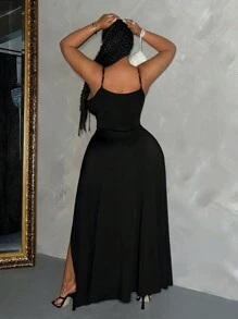 Slaydiva Plus Size Chi tiết dây rút màu trơn gợi cảm Đầm dây đeo spaghetti xẻ cao cho kỳ nghỉ - màu đen - Xem 2