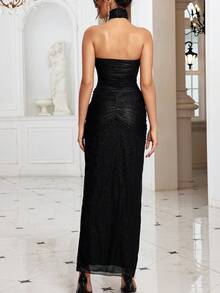 Robe de cocktail longue à détail torsadé pour femmes. Convient pour les banquets, les soirées élégantes, les événements formels du soir, les bals de promo, les mariages et les dîners. Élégante robe noire pour les événements. - Noir - Voir 2