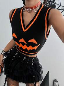 Flirla Chaleco informal sin mangas con estampado de calabaza para mujer, ropa de Halloween