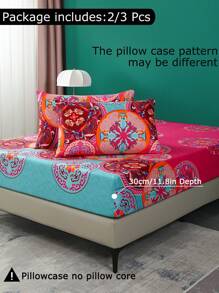 3pcs Fitted Sheet Set Polyester Brushed Classic Folk Print Elements, 1 Fitted Sheet And 2 Pillowcases - Red - View 4