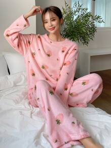 DAZY Cute Strawberry Pattern Flannel Thickened Pajama Set - Pink - View 7