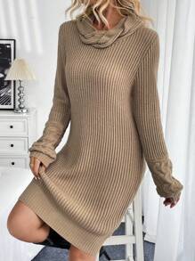Chiquease Langarm Strickkleid mit Schlaufenkragen, figurbetontes Strick Kleid, lässiger Herbst/Winter-Stil