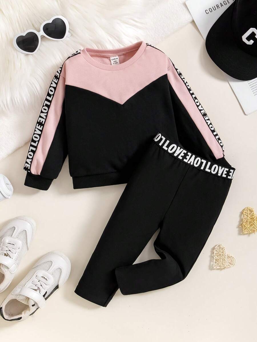 SHEIN 2pcs Baby Girl Cute Letter Print Colorblock Sweatshirt And Elastic Waist Pants Set, Autumn/Winter - Black - View 1
