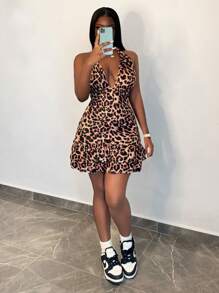 Slaydiva Sexy Lady's V-Neck Ruffle Hem Open Back Tie Waist Fitted Leopard Print Dress For Spring And Summer - Brown - View 4