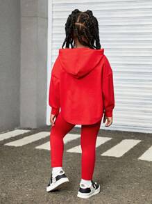 SHEIN Leap Crew 年轻女孩针织压花连帽上衣和运动裤套装，休闲运动 - 紅色 - 查看 3