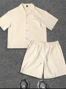 Manfinity Hypemode Solid Color Button Front Pocket Short Sleeve Shirt And Drawstring Waist Pocket Shorts Casual 2pcs Outfit