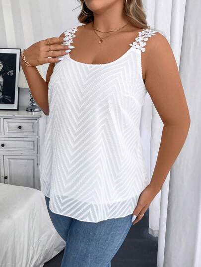 Vionelle Plus Size Women Solid Color Lace Tank Top, Summer