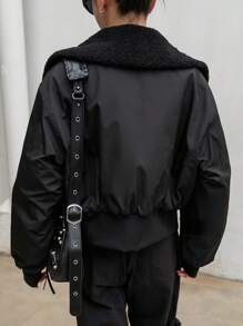 DAZY Abrigo acolchado para mujer, forrado térmico, parche de borreguito sintético, chaqueta estilo motocicleta - Negro - Ver 3