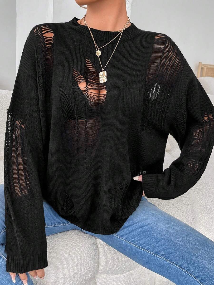 SHEIN EZwear 大码女式万圣节休闲百搭做旧镂空针织毛衣,秋冬 - 黑色 - 查看 1