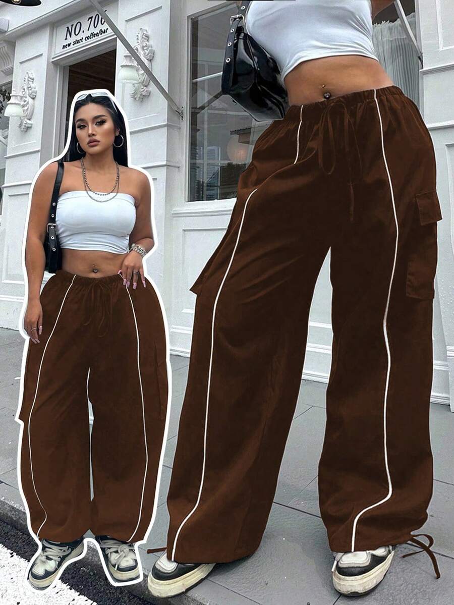 Flirla 大码纯色松紧腰带抽绳工装裤带饰边 - 棕色 - 查看 1