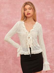 Enchnt Autumn New Women's Romantic And Exquisite Solid Color Lace Pleated Front Tie Long-Sleeved Casual Top, Autumn Top - Beige - View 4