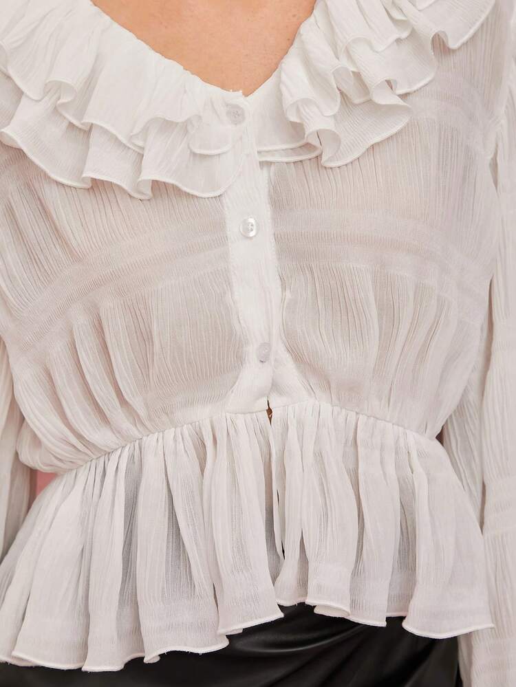 Women's Solid Color Lace Trim Long Sleeve Blouse